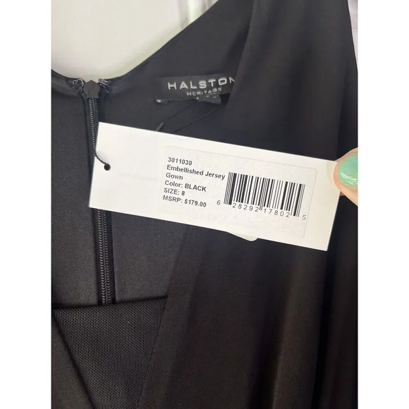 HALSTON HERITAGE NWT Jewel Waist Crepe GOWN Maxi DRESS Size 8 BLACK - Picture 7 of 11